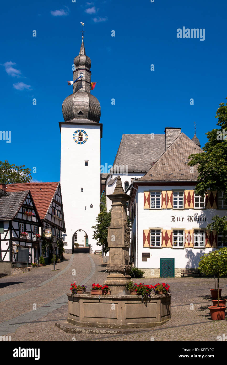 Germania, regione di Sauerland, Arnsberg, il campanile gotico e Massimiliano fontana al vecchio mercato nella parte vecchia della citta'. Deutschland, Sauer Foto Stock
