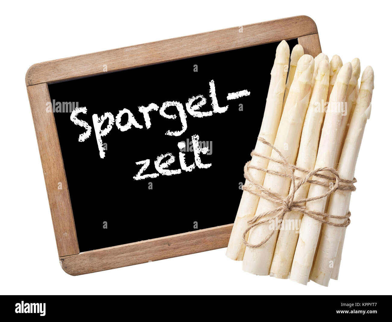 Vendita spargelzeit firmare con il mazzetto di asparagi sulla lavagna di ardesia Foto Stock