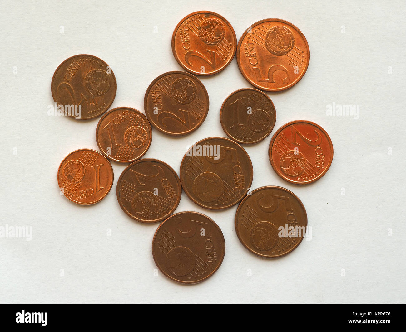 Monete metalliche in euro 1 e 2 centesimi Foto Stock