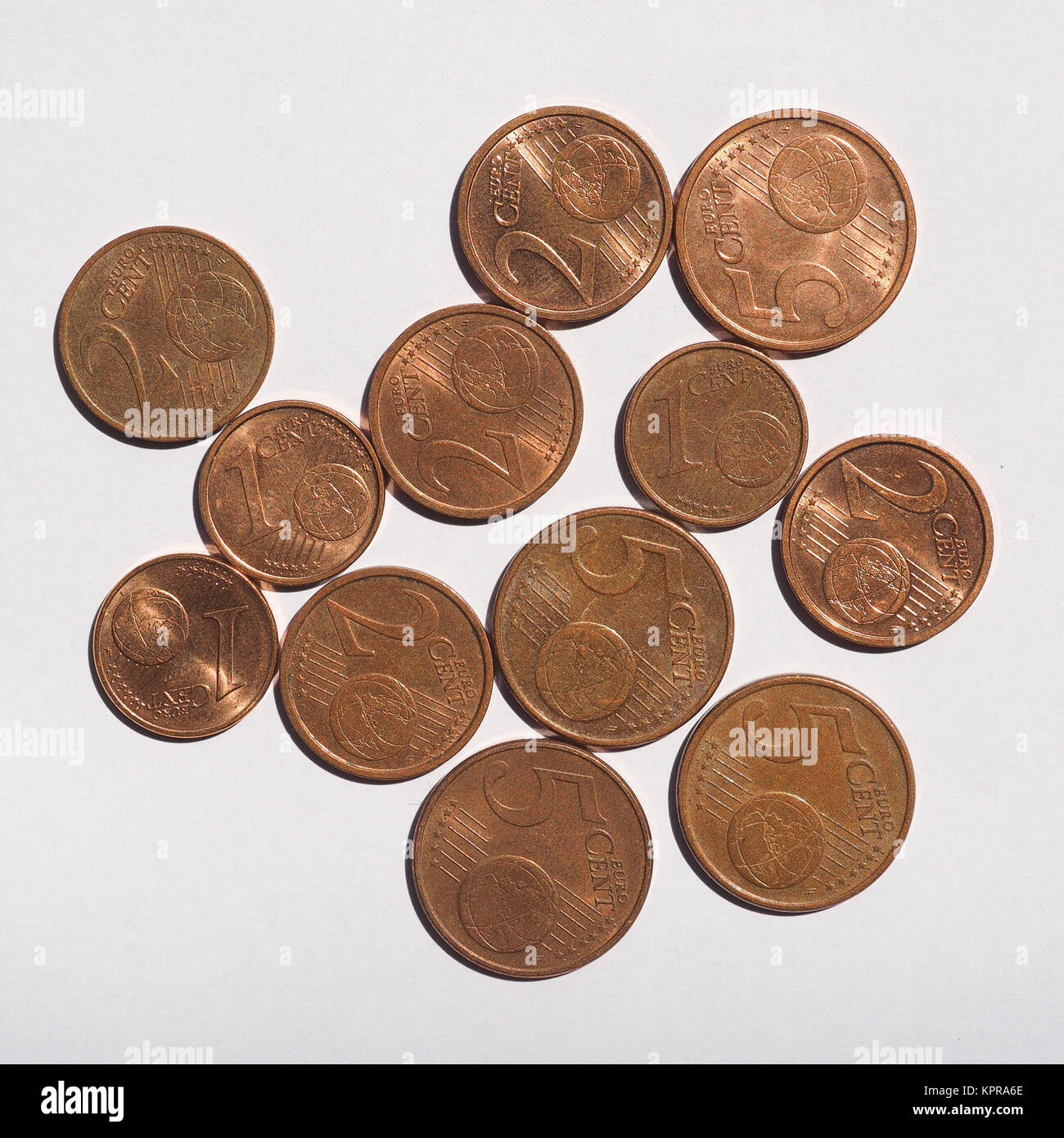Monete metalliche in euro 1 e 2 centesimi Foto Stock