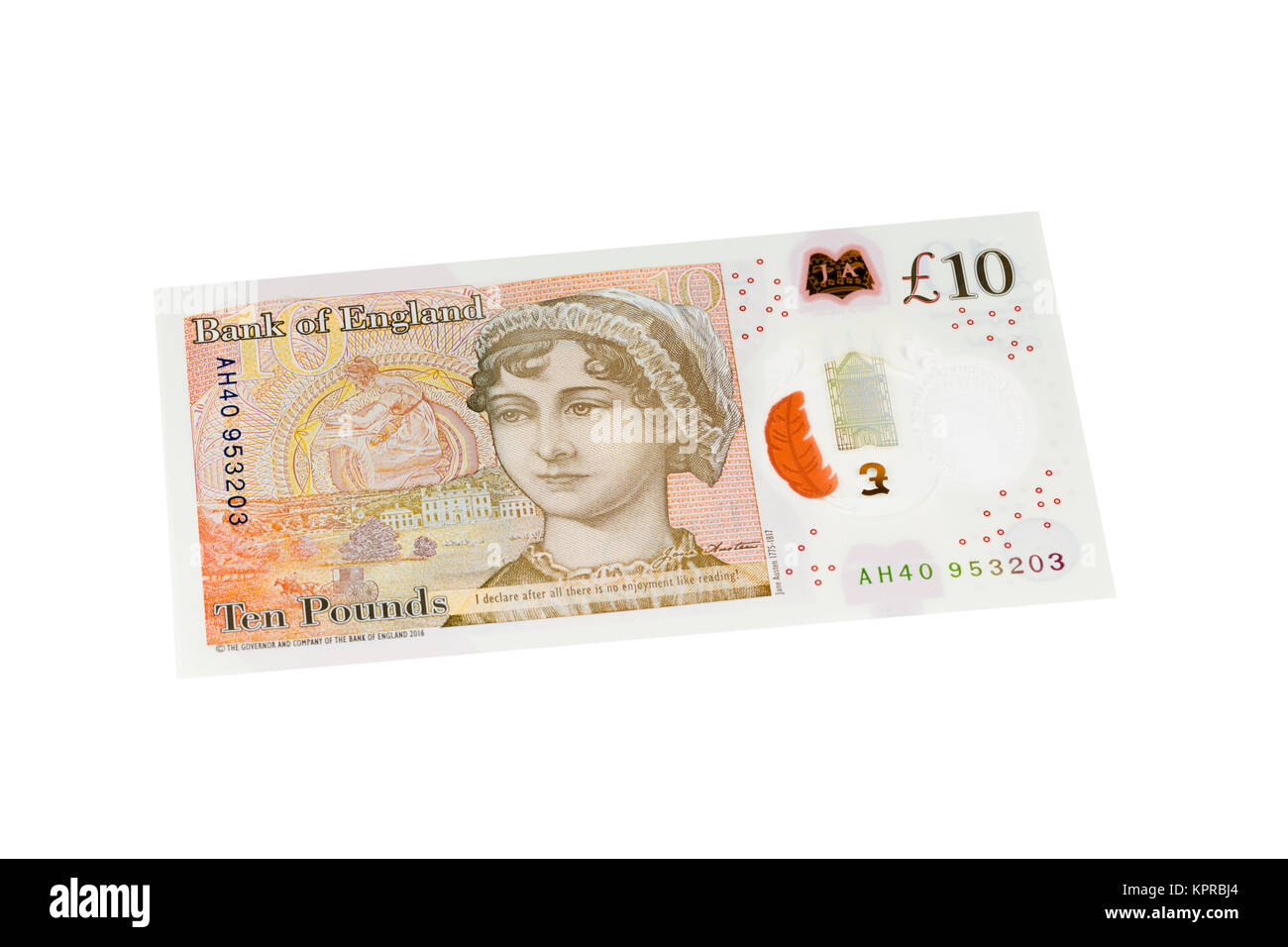 Inglese dieci pound nota su sfondo bianco Foto Stock