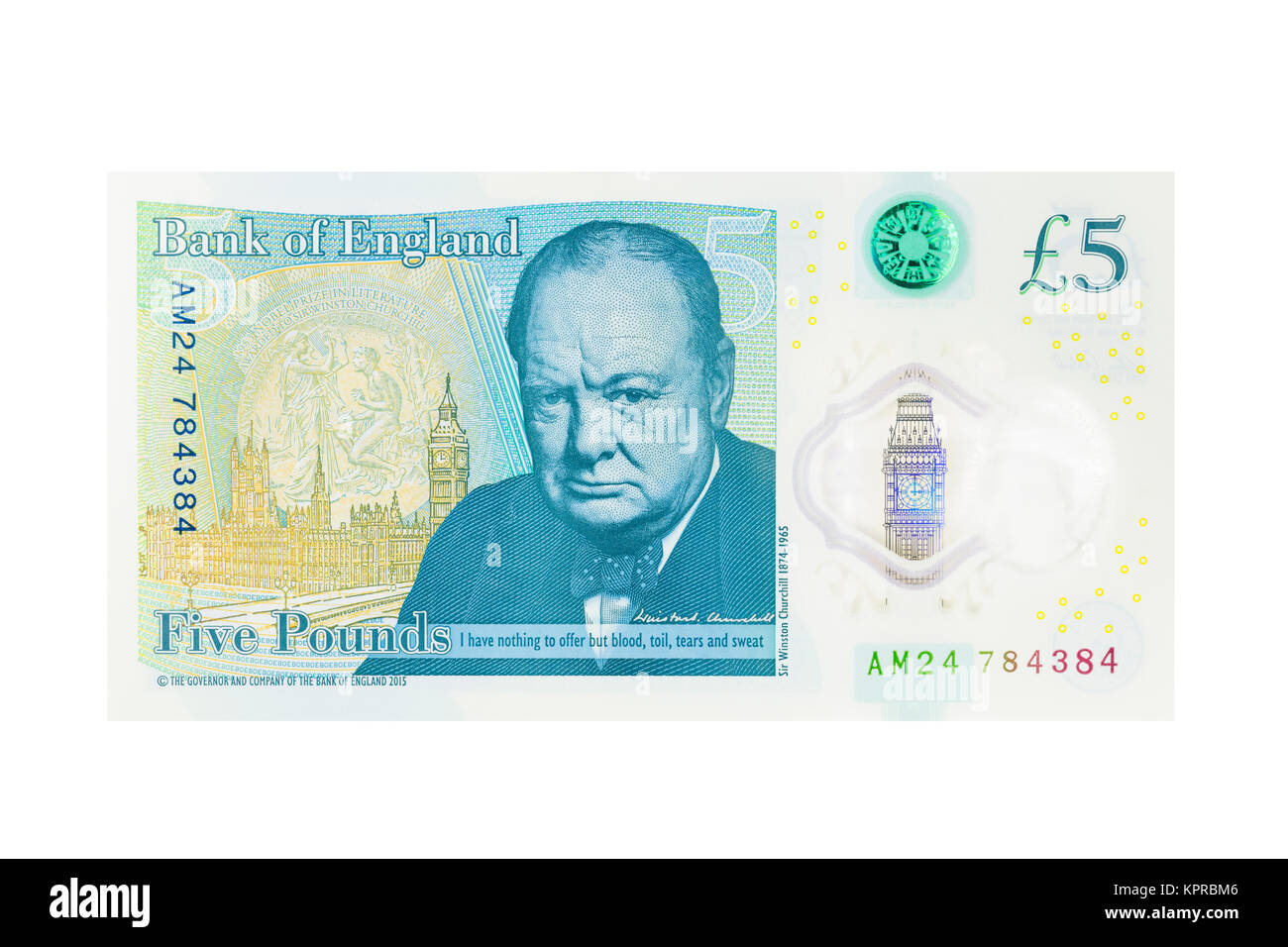 Inglese cinque pound nota su sfondo bianco Foto Stock