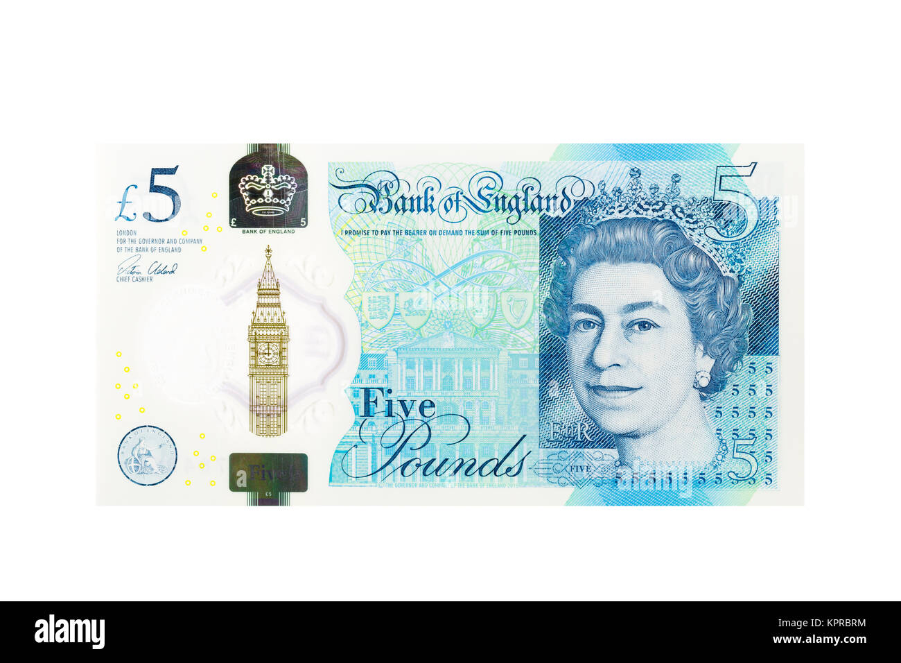 Inglese cinque pound nota su sfondo bianco Foto Stock