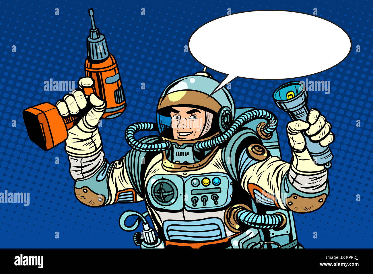 Astronauta con un trapano e torcia elettrica Foto Stock