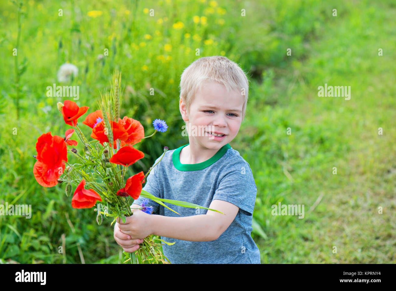 Ragazzo carino con mazzo di papaveri rossi Foto Stock