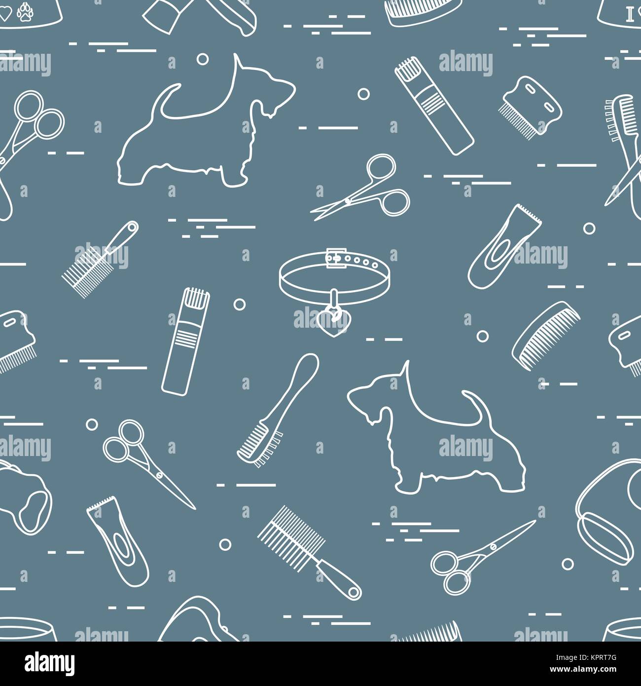 Modello con il cane, pettini, collare, guinzaglio, rasoio, asciugacapelli, ciotola, forbici. La cura della salute, toelettatura, prendersi cura di un cane, mostra. Illustrazione Vettoriale