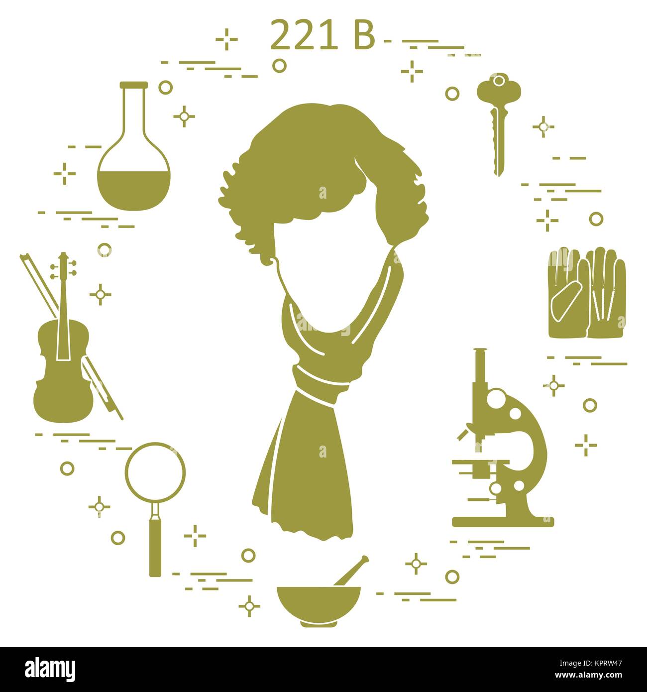 Detective privato Sherlock Holmes con una varietà di strumenti e apparecchiature. L'eroe della popolare serie TV. Design per un annuncio stampa. Illustrazione Vettoriale
