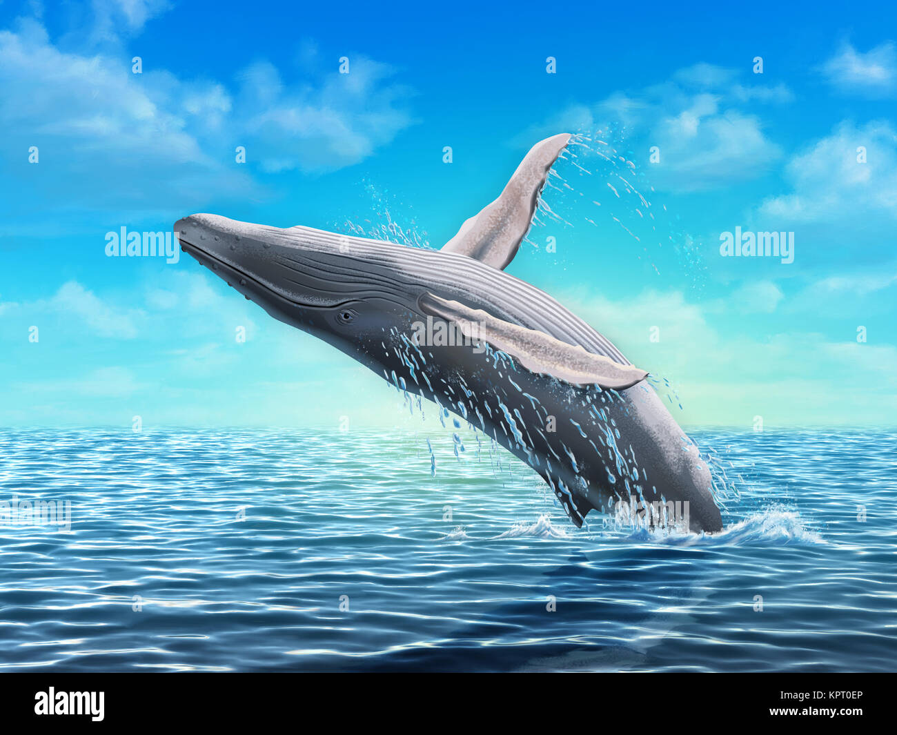 Humpback Whale salta fuori dell'acqua. Illustrazione Digitale. Foto Stock