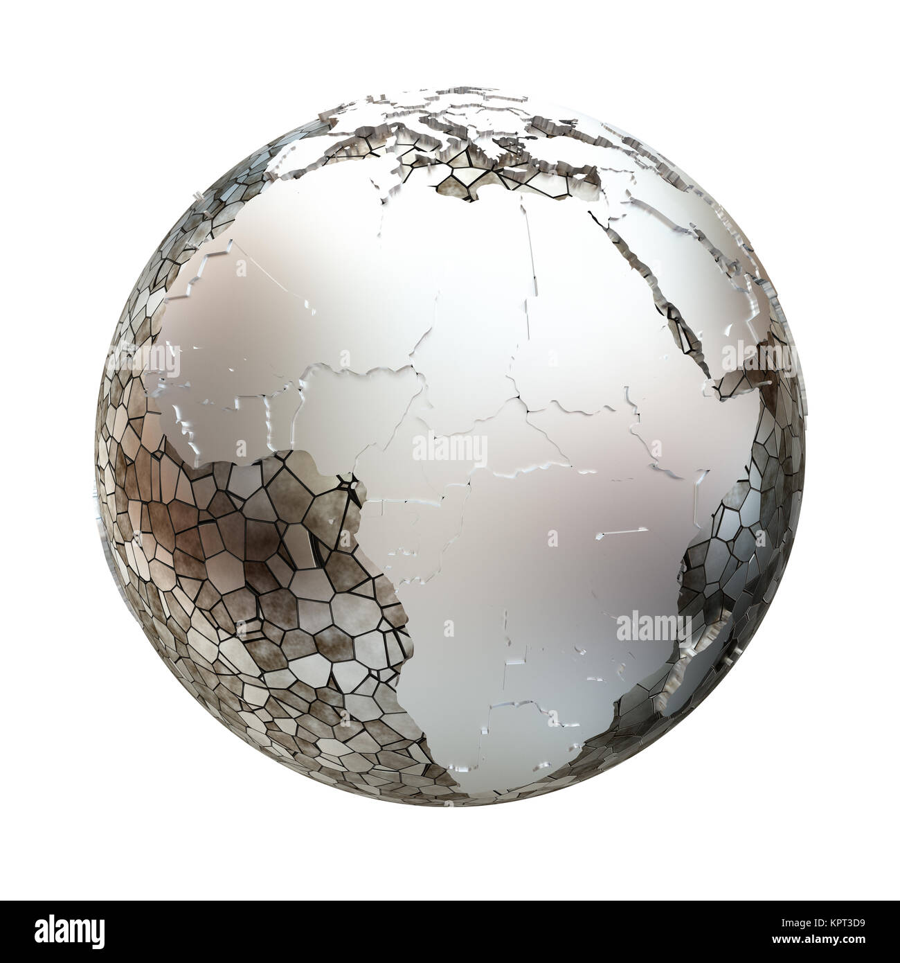 Africa sul modello metallico del pianeta Terra. In acciaio lucido continenti con paesi in rilievo e gli oceani realizzato in lastre di acciaio. 3D illustrazione isolati su sfondo bianco. Foto Stock