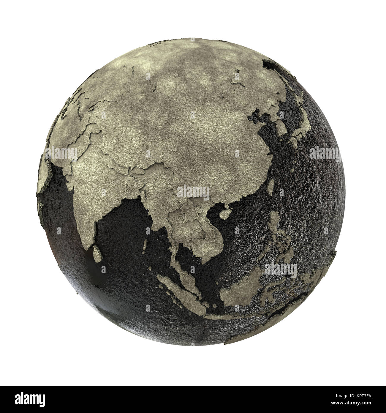 Sud-est asiatico sul modello 3D del pianeta Terra con oleoso nero gli oceani e continenti in calcestruzzo con paesi goffrato. Concetto di industria di petrolio globale o un disastro ambientale. 3D illustrazione isolati su sfondo bianco. Foto Stock