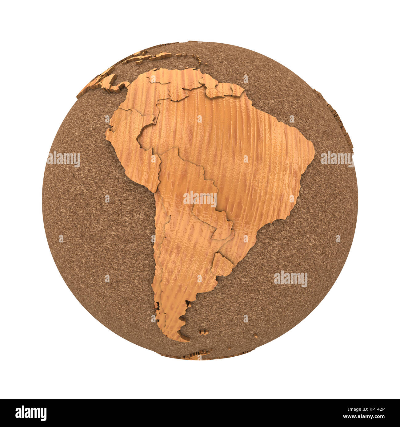 Sud America su 3D modello ligneo del pianeta Terra con oceani di sughero e legno continenti con paesi goffrato. 3D illustrazione isolati su sfondo bianco. Foto Stock