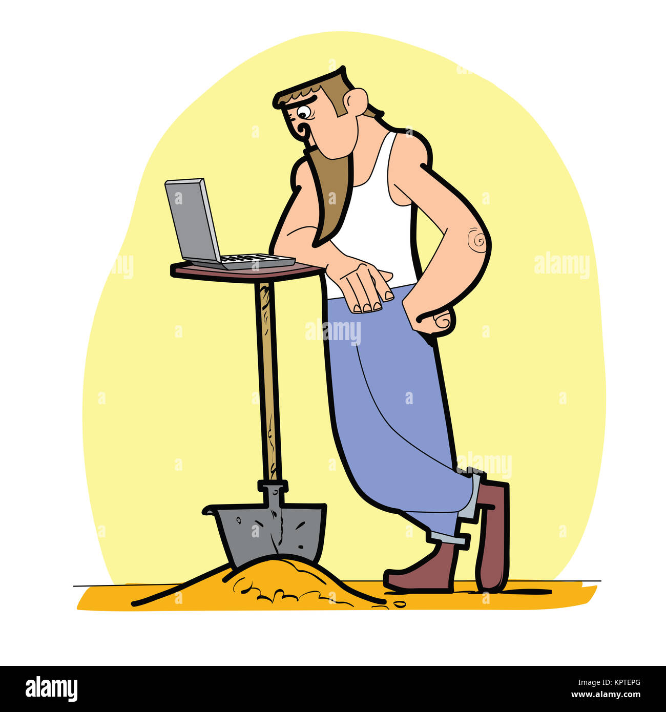 Lavoratore pala portatile. Un uomo scava una fossa e legge di Internet. Foto Stock Lavoratore pala portatile. Un uomo scava una fossa e legge di Internet. Foto Stock