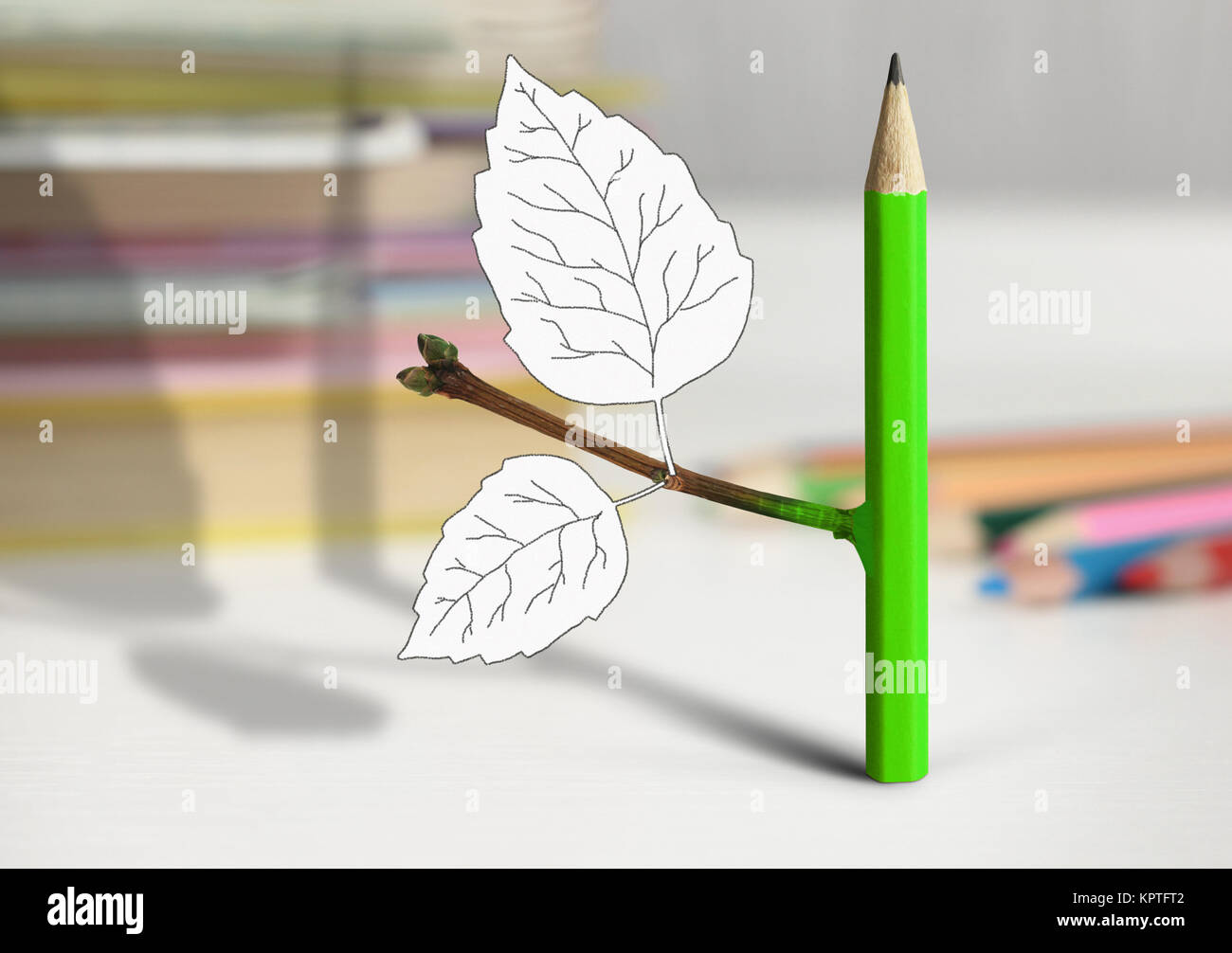 Idea creativa concetto, matita con foglie sul tavolo Foto Stock