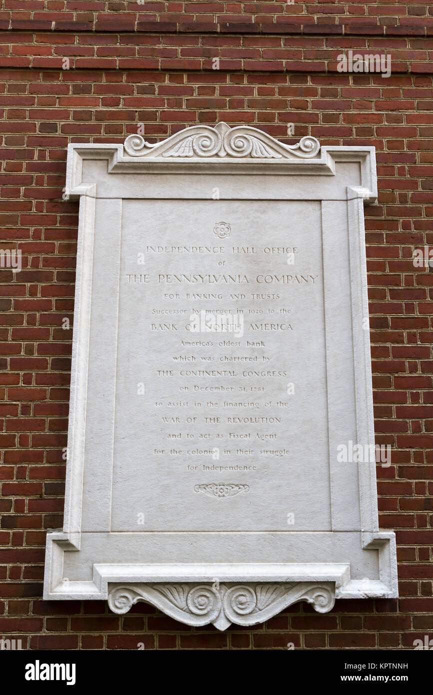 Independence Hall Ufficio della Pennsylvania Azienda placca in Philadelphia, Pennsylvania, Stati Uniti. Foto Stock