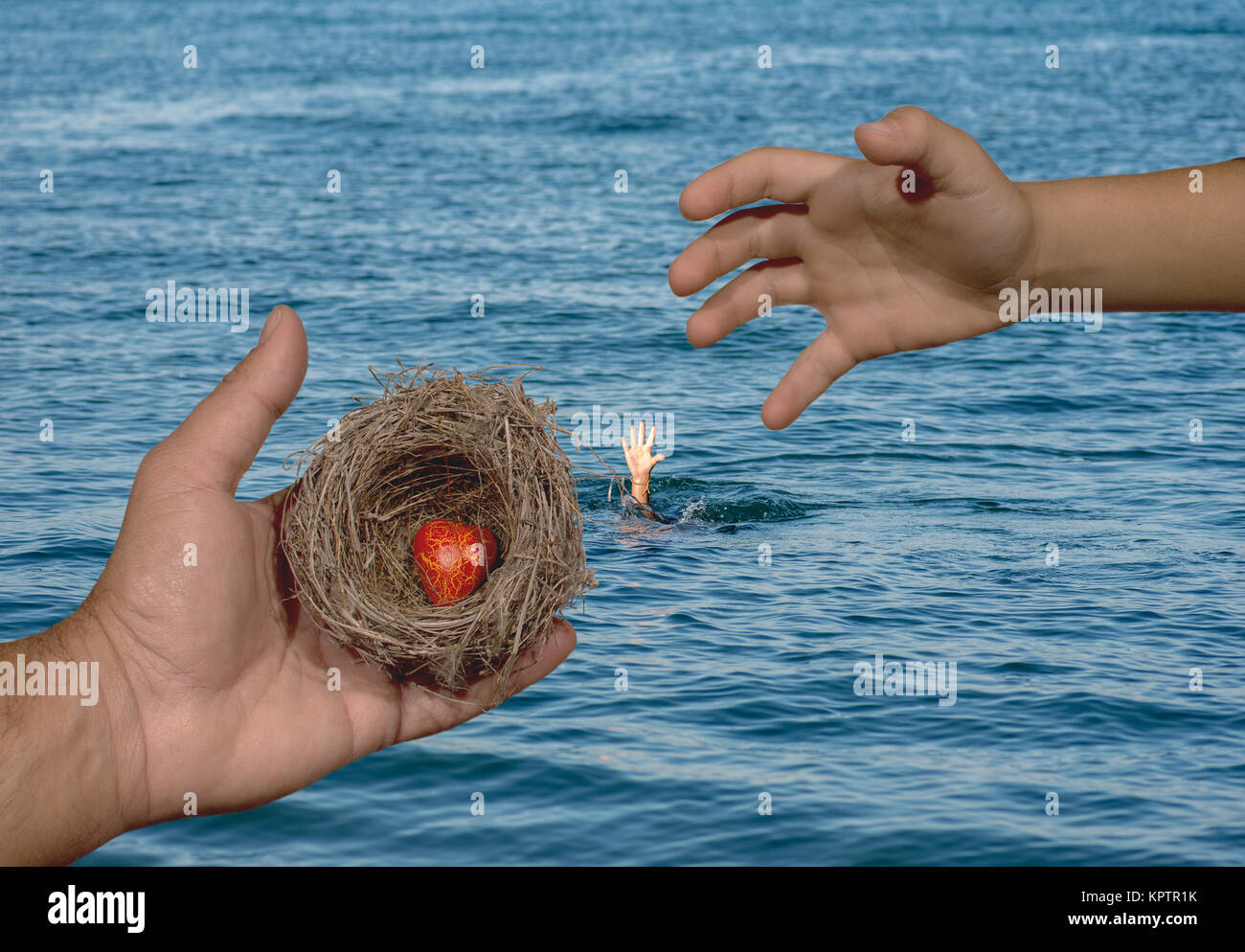 Le mani umane mantenere un nido naturale con un cuore rosso interno e un bambino cerca di raggiungere questo nido. I legami familiari, protezione, sicurezza, di speranza, di solidarietà. Foto Stock
