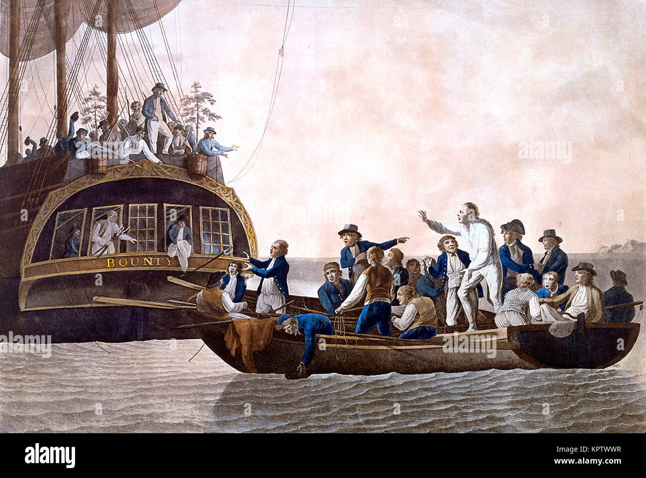 L'ammutinamento del Bounty, Fletcher Christian e rivoltosi girare il Tenente William Bligh e 18 altri alla deriva. Il Mutiny on the Royal Navy nave HMS Bounty si è verificato nel sud Pacifico il 28 aprile 1789. Foto Stock