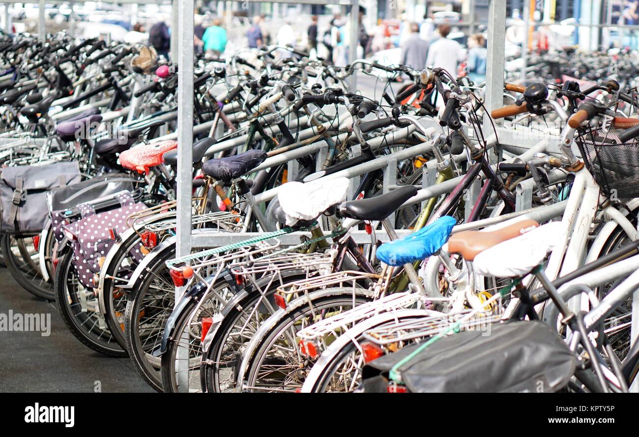 Le biciclette parcheggiate alla stazione di Ostenda, in Belgio Foto Stock
