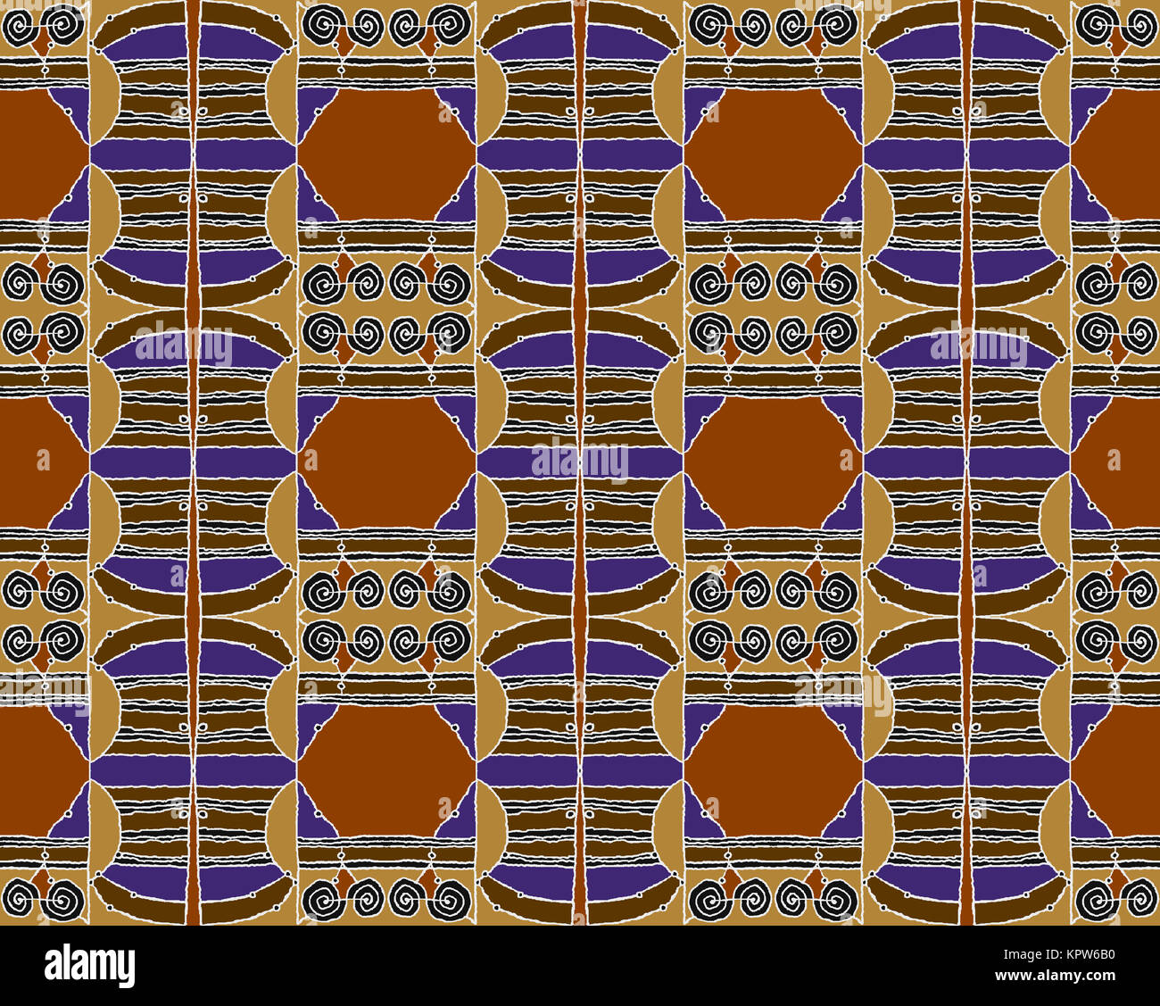 Geometrica astratta sfondo senza giunture, disegno. Esagono regolare e modello a spirale con wiggly linee in sfumature di marrone chiaro e nero con elementi di colore viola e bianco delinea. Foto Stock