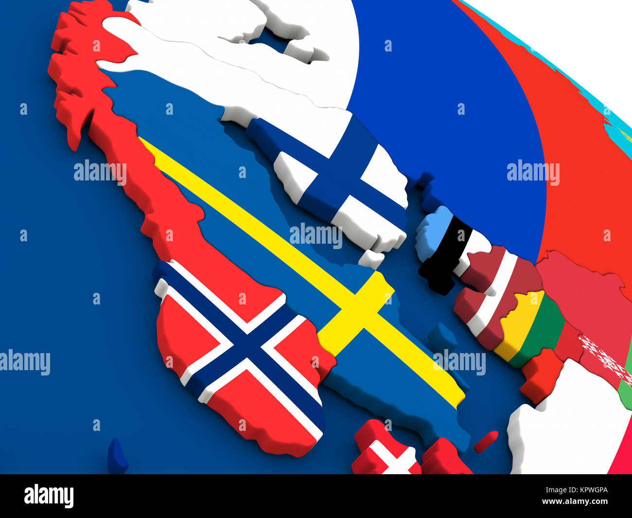 La Scandinavia sul globo terrestre con bandiere Foto Stock