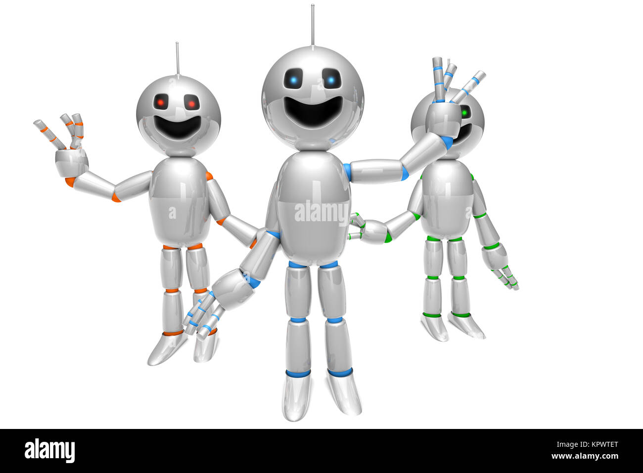 Un gruppo di saluto e sventolare cartoon robot. 3D reso illustrazione. Foto Stock