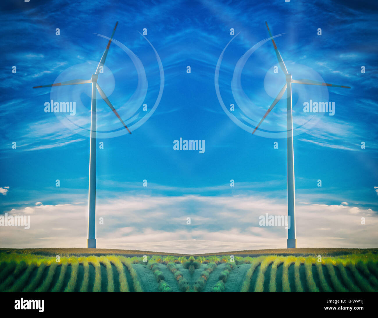 Eigene Künstlerische Arbeit. HDR-Verarbeitung. Turbina eolica mit Lichtstrahlen bei abstrakten blauen Himmel. Foto Stock