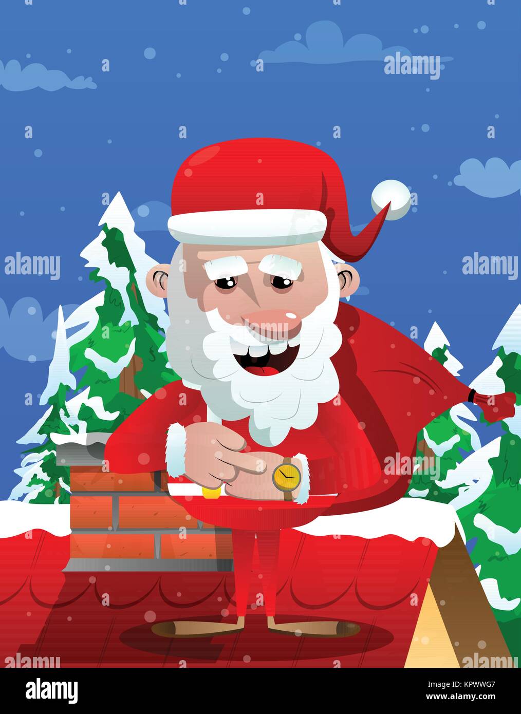 Santa Claus controllando il suo orologio. Vector personaggio dei fumetti illustrazione. Illustrazione Vettoriale