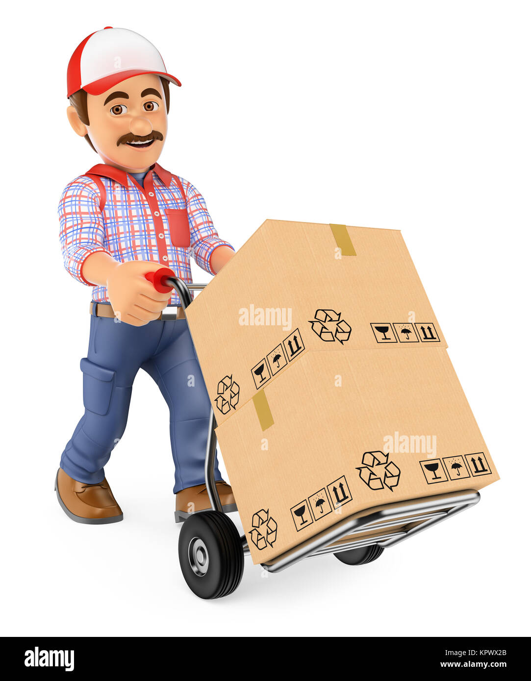 3D Courier consegna uomo spingendo un carrello con scatole Foto Stock