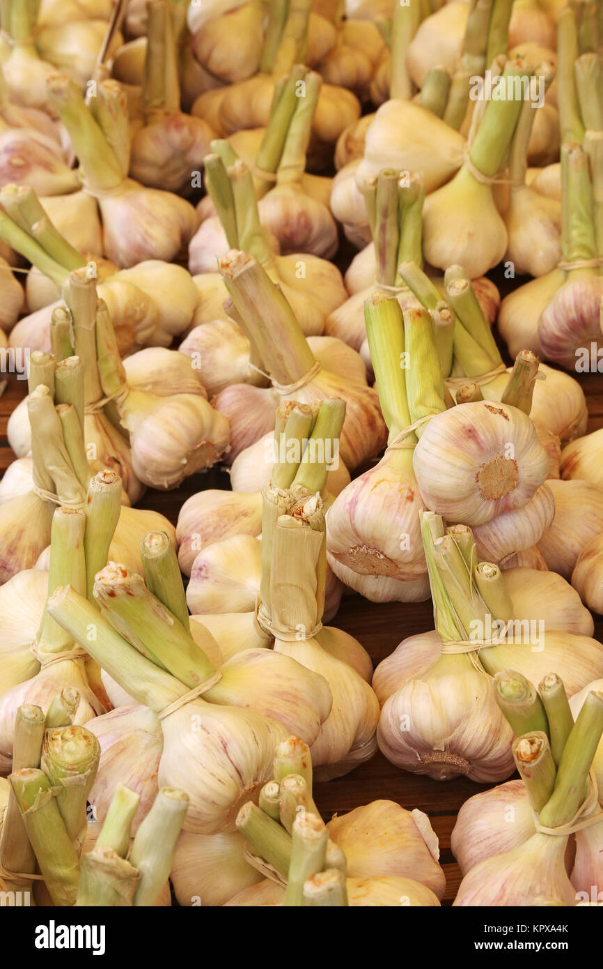 Fascio di cipolle all'aglio sul mercato vegetale Foto Stock