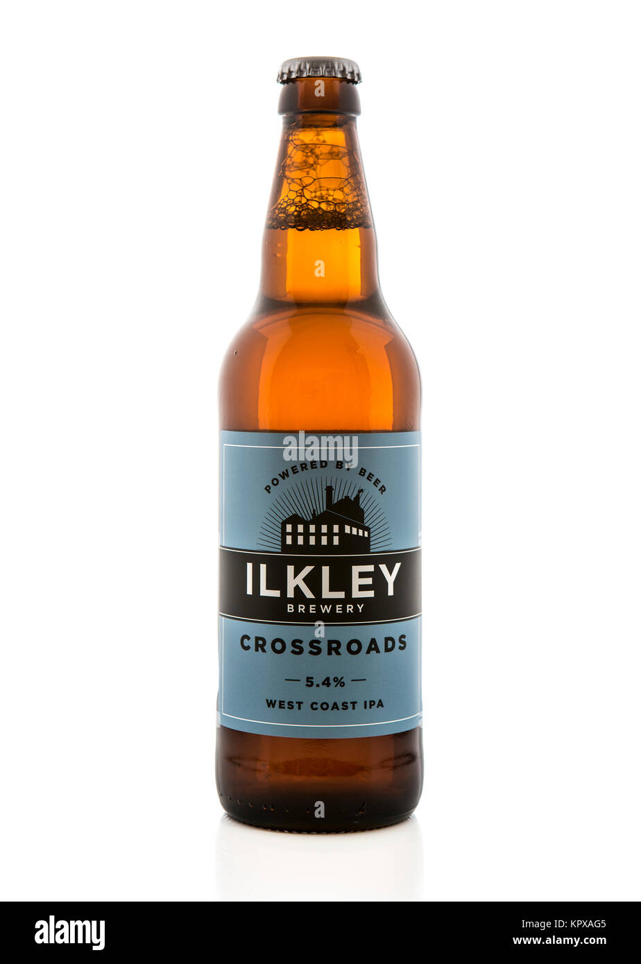 SWINDON, Regno Unito - 17 dicembre 2017: Ilkley brewery crocevia west coast IPA, Powered by birra Foto Stock