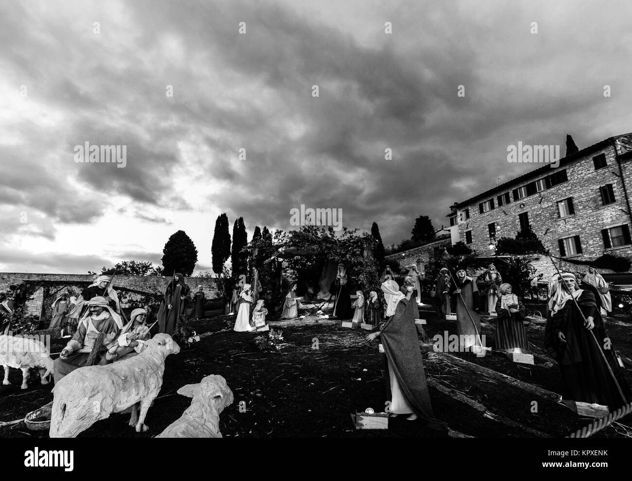 Presepe di Assisi, nella parte anteriore del S.Francesco chiesa papale, Natale 2017 Foto Stock