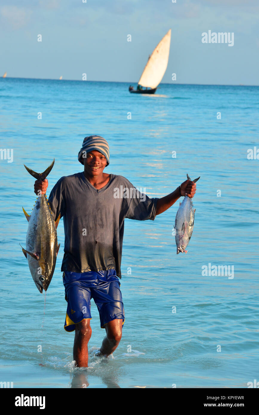 Zanzibar è un oceano Indiano paradiso che la maggior parte delle persone possono permettersi di visitare per pigri vacanze sulle spiagge calde e la pesca per il cibo. Foto Stock