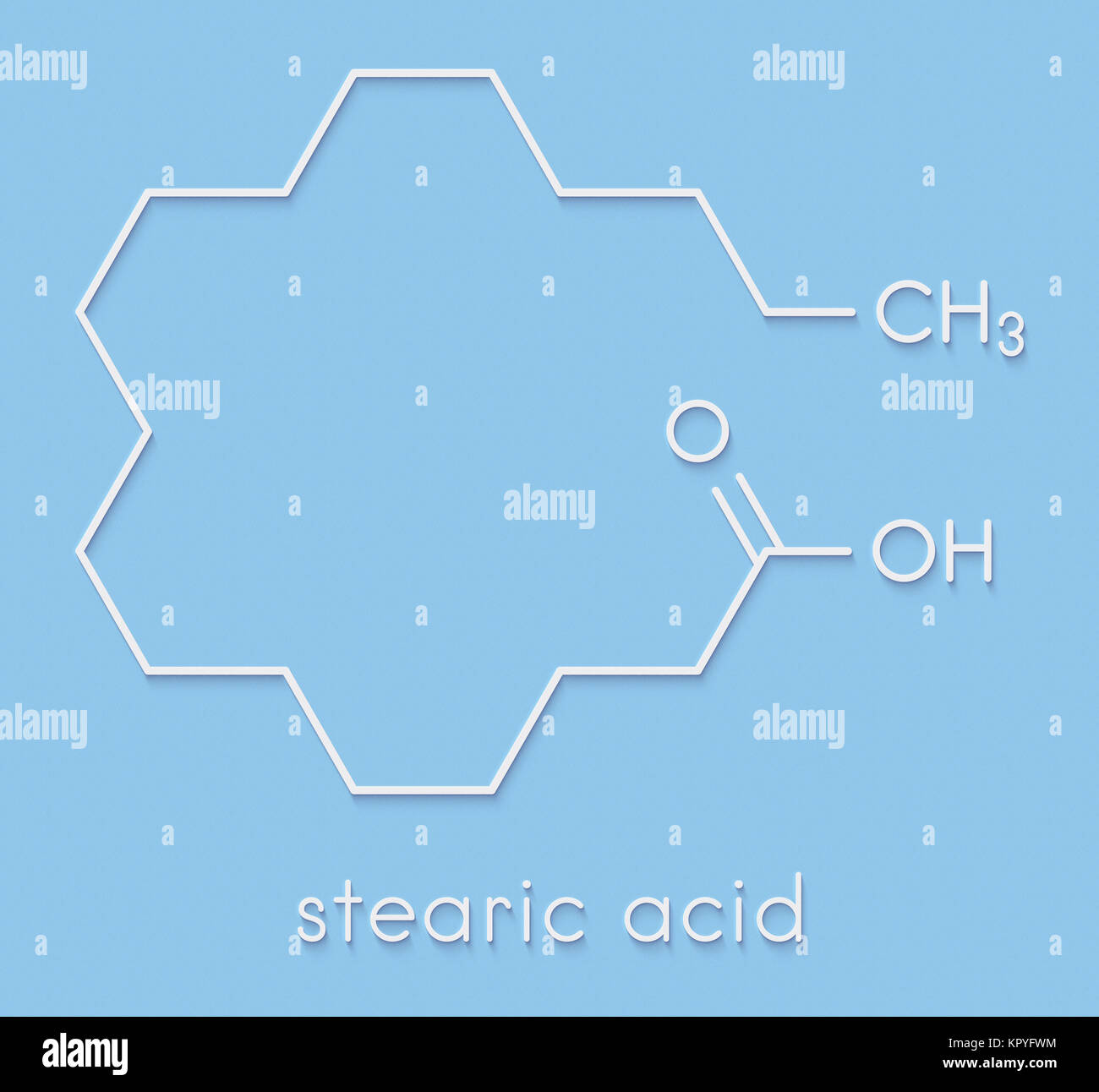 Acido stearico acido grasso saturo molecola. Noto anche come acido ottadecanoico; esteri e sali sono noti come stearati. Formula di scheletro. Foto Stock