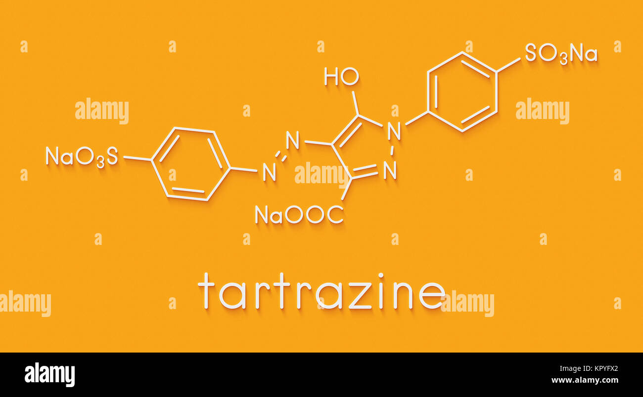 Tartrazina (E102) colorante alimentare molecola. Giallo colorante azoico  usato in alimenti e bevande, prodotti farmaceutici, ecc. Allergenici.  Formula di scheletro Foto stock - Alamy