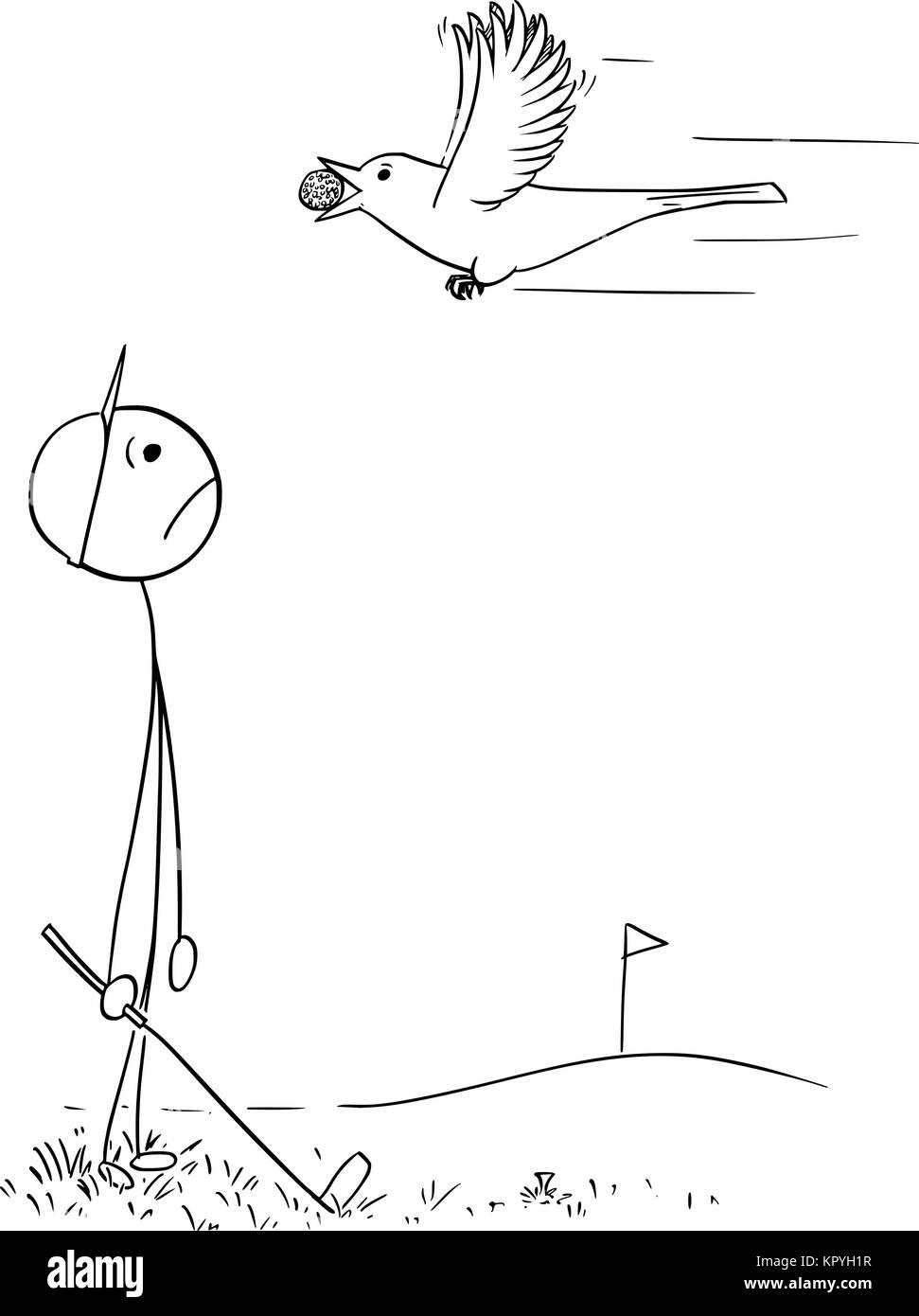 Cartoon stick uomo disegno illustrazione di un uomo maschio giocatore di golf cercando triste a bird rubare portando la sua palla. Illustrazione Vettoriale