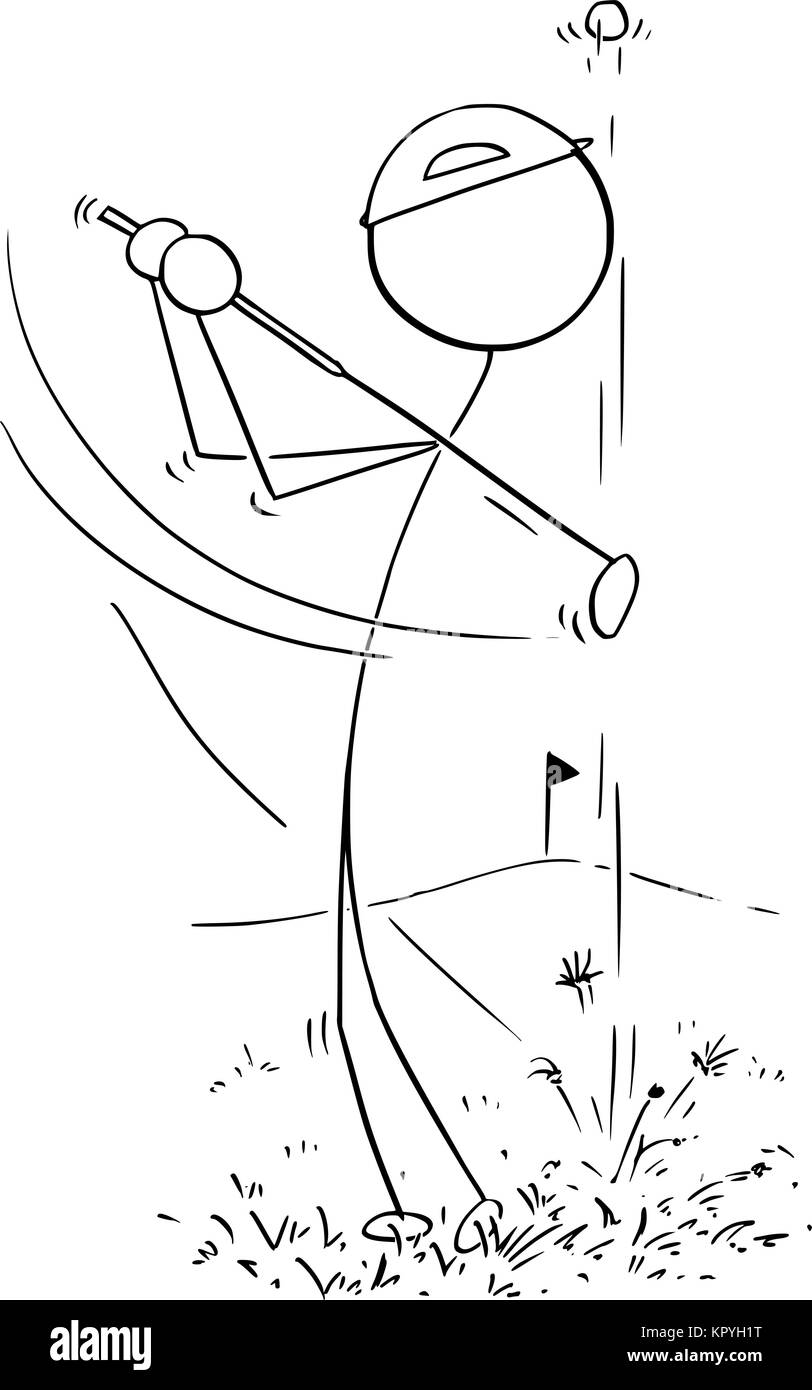 Cartoon stick uomo disegno illustrazione di un uomo maschio giocatore di golf giocare la sfera di comando con club. Illustrazione Vettoriale