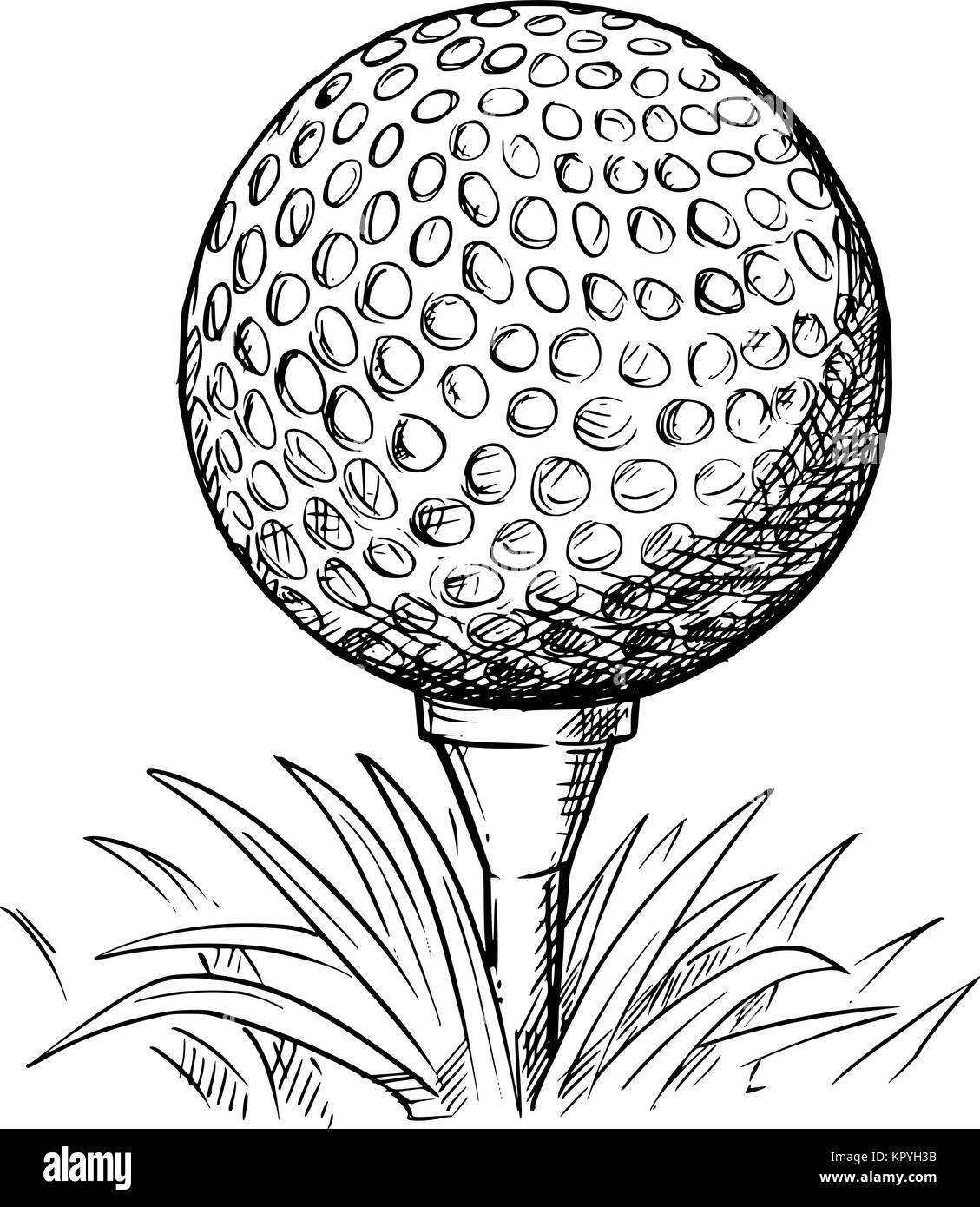 Vettore di disegno a mano disegnato illustrazione della pallina da golf sul raccordo a t e l'erba. Illustrazione Vettoriale