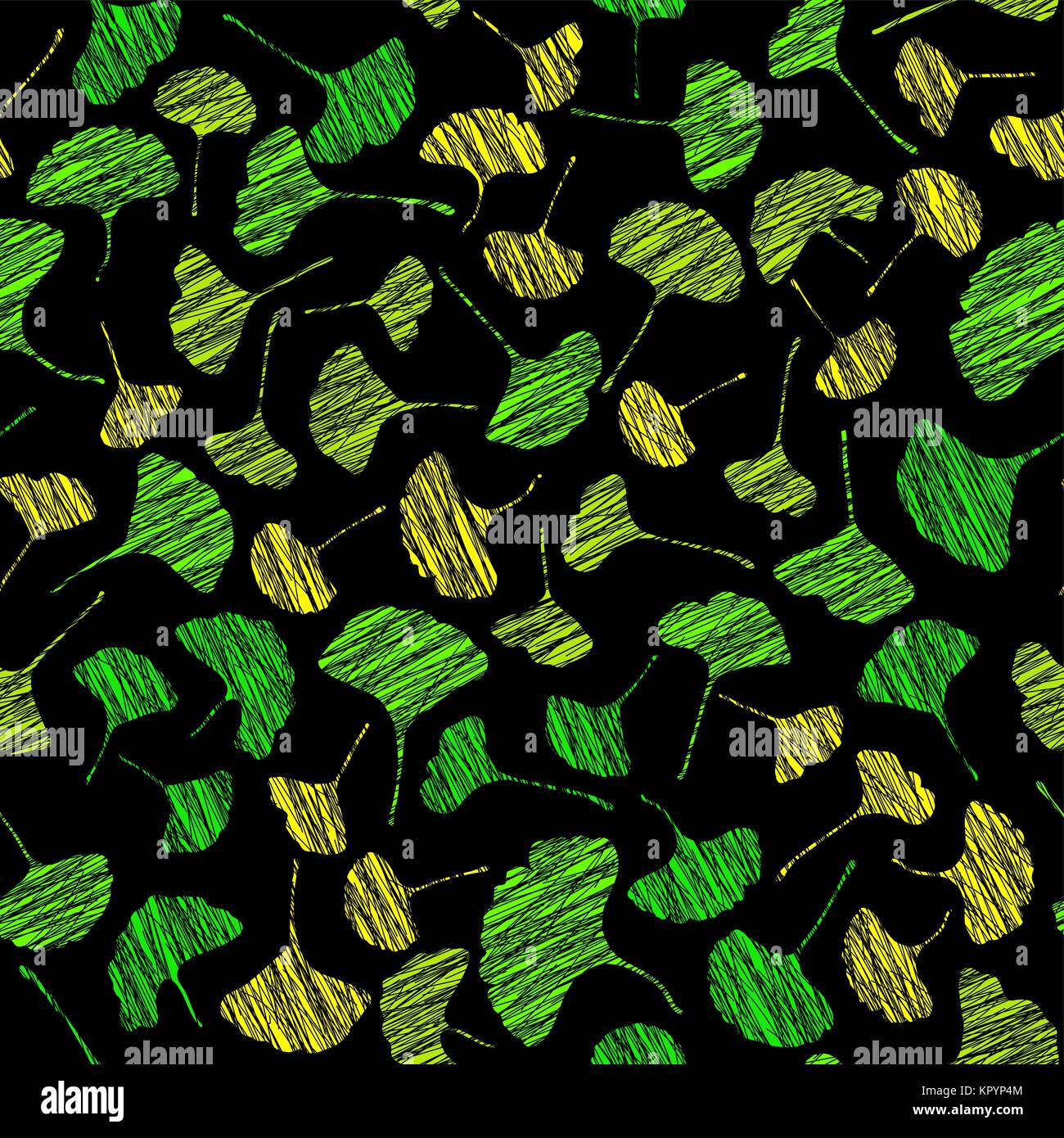 Modello senza cuciture con graffiato ginkgo foglie. In autunno la texture. Colori vibranti. Grunge illustrazione. Sfondo nero. Foglia di contrasto sullo sfondo. Per deco Illustrazione Vettoriale