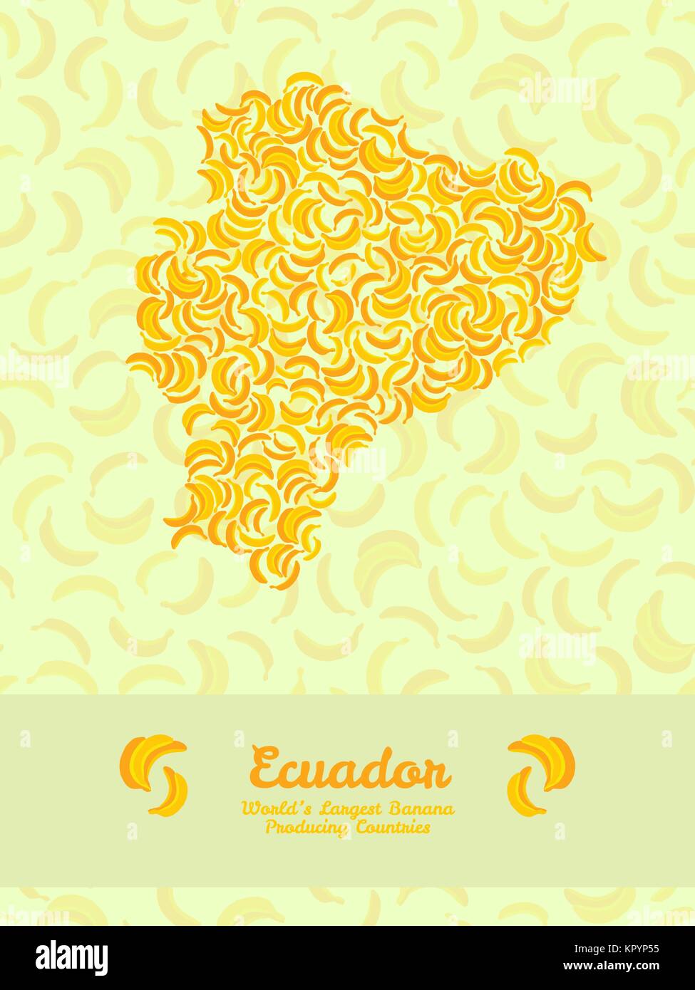 Mappa di Equador realizzata in giallo le banane. Illustrazione. Cartolina vegetariano. Equador mappa poster o di carta. Mondi più grandi paesi produttori di banane. C Illustrazione Vettoriale