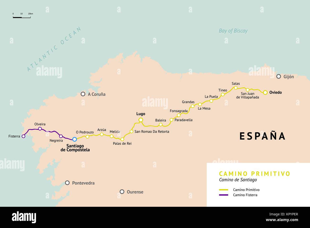 Camino Primitivo mappa. Percorso originale da Oviedo. Camino de Santiago o il modo di San Giacomo. Antico percorso di pellegrinaggio a Santiago de Compostela su Illustrazione Vettoriale