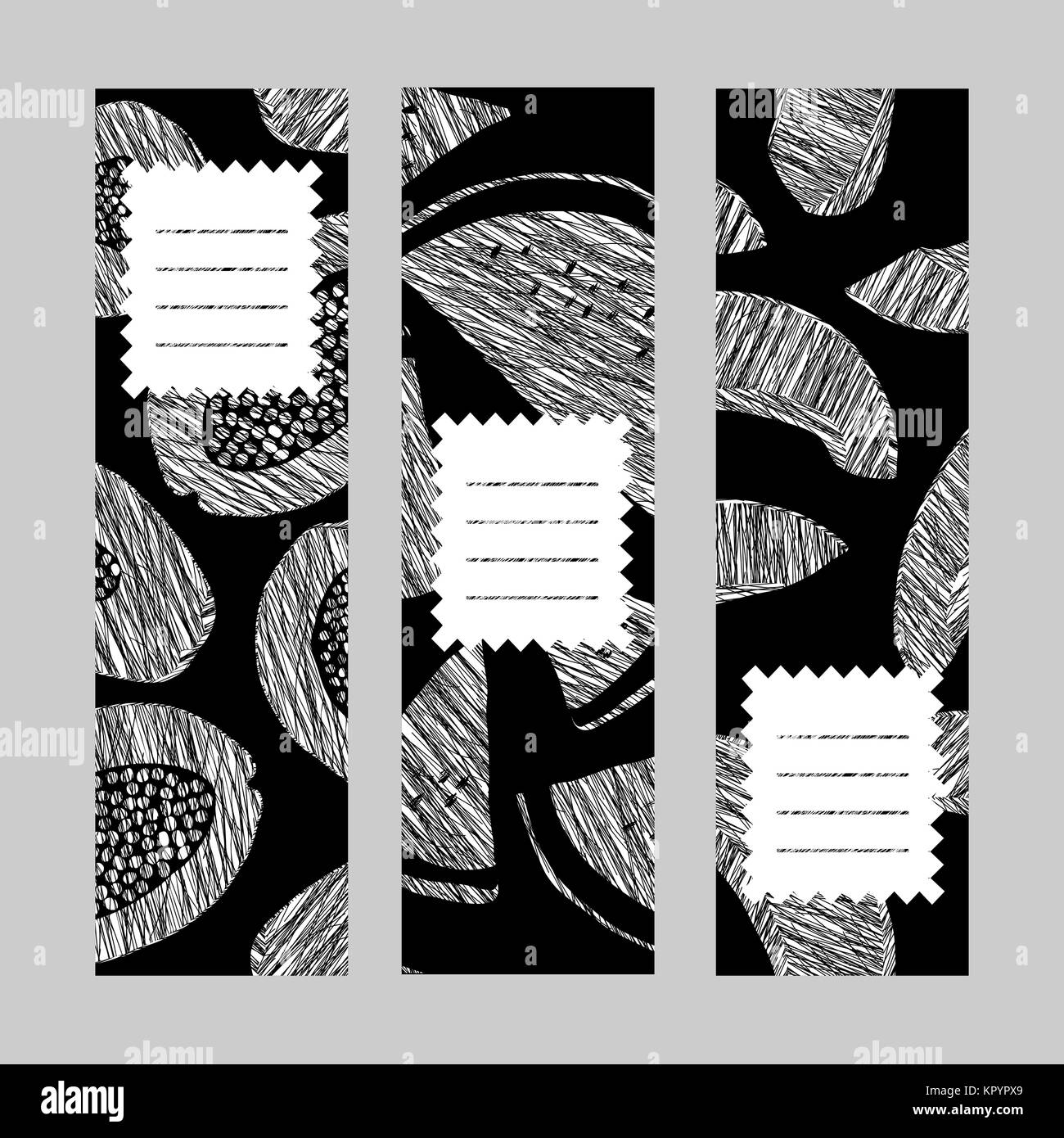 Serie di frutta raccolta banner. Set di volantini verticale. Graffiato di melone e papaia ed anguria volantini. Uno stile di vita sano carte. Design semplice per vou Illustrazione Vettoriale