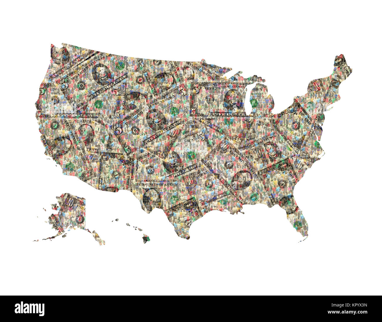 Mappa di Stati Uniti d'America da dollari isolato Foto Stock