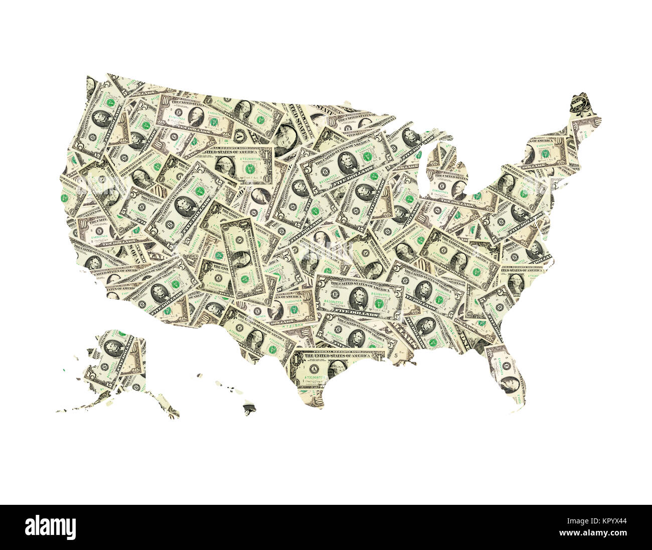 Mappa di Stati Uniti d'America da dollari isolato Foto Stock
