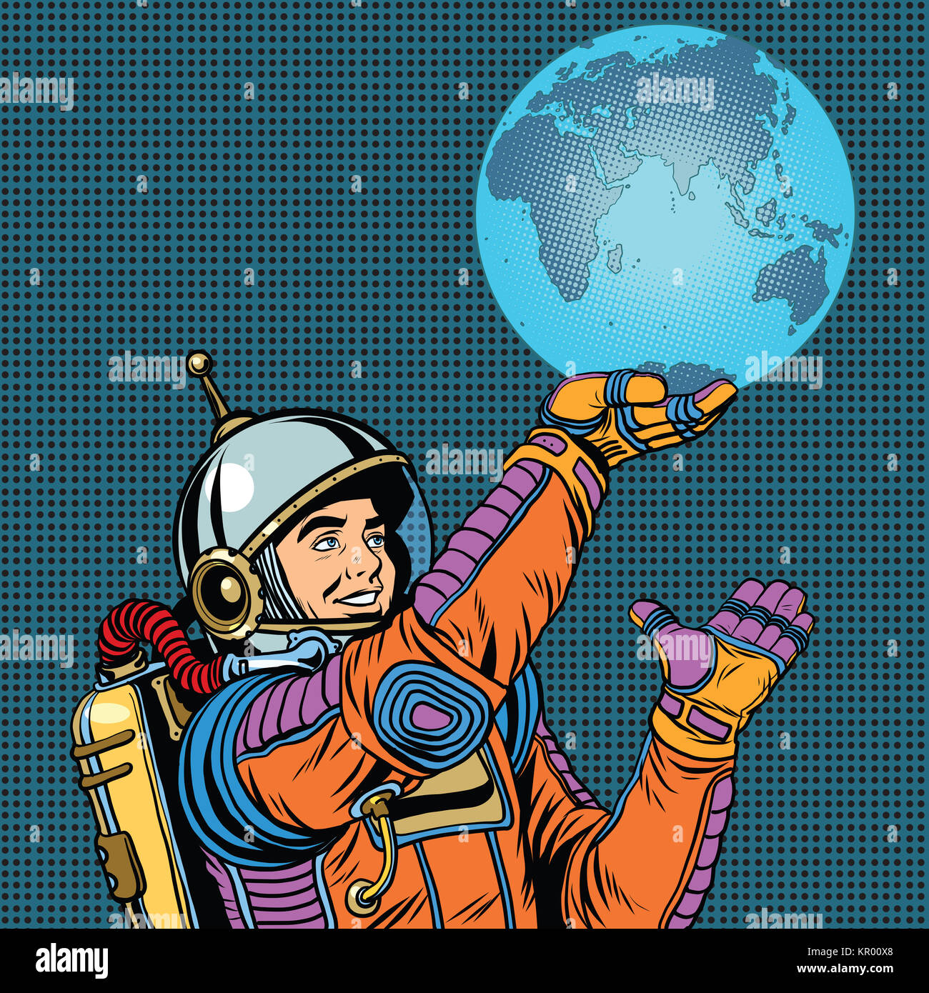 Retrò astronauta è premuto il pianeta terra a portata di mano Foto Stock