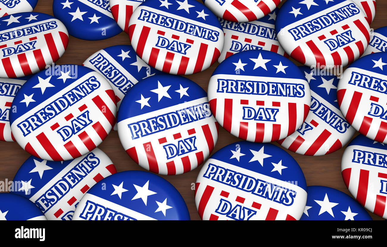 Presidenti' giorno federale USA il concetto di vacanza con bandiera americana colori e firmare i badge 3D'illustrazione. Foto Stock