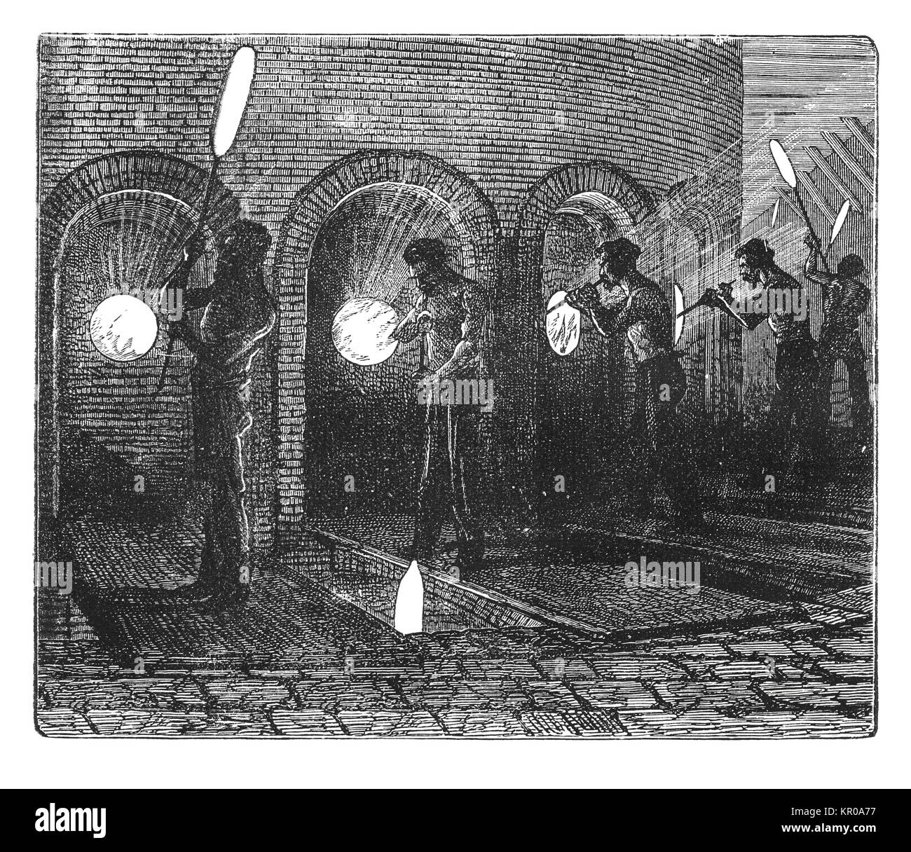 Soffiatura e lavorazione del vetro nel 19th ° secolo (incisione antica pubblicata in Novoveki Izumi u znosti) Foto Stock