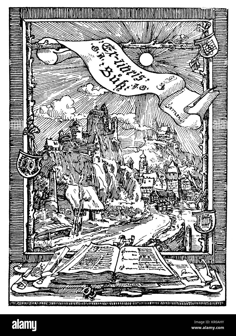 Paesaggio del Reno ex libris design da artista tedesco e designer Giuseppe Sattler dal 1894 Studio Magazine Foto Stock