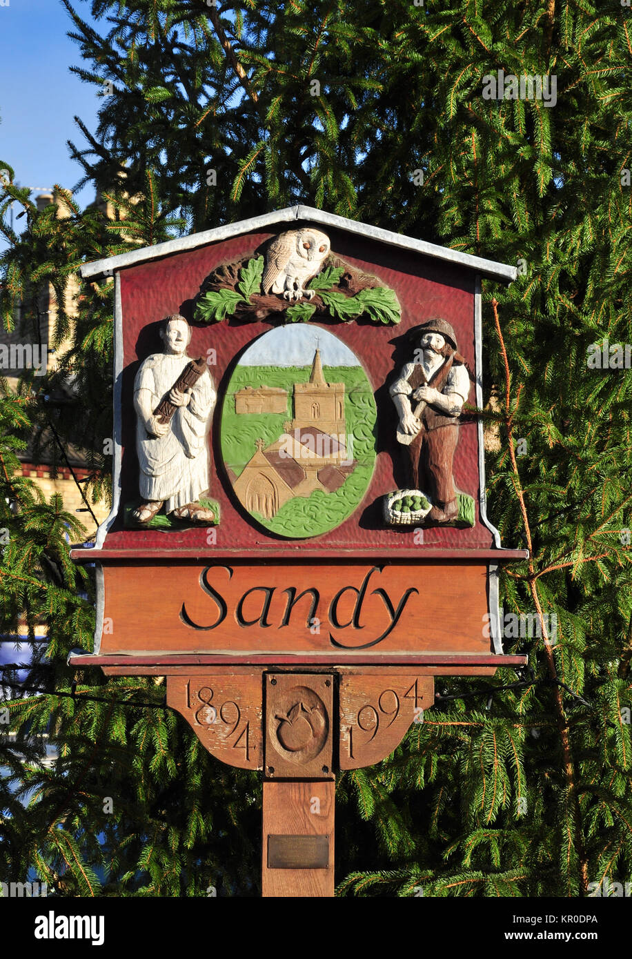 Città segno ed emblema, Sandy, Bedfordshire, England, Regno Unito Foto Stock