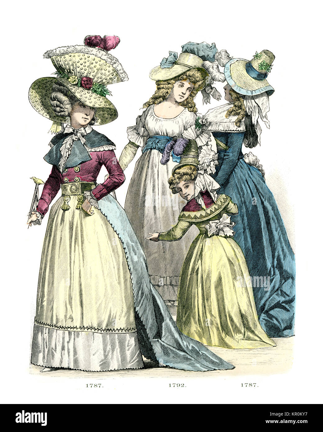 Storia della moda, costumi di donne francesi del tardo XVIII secolo Foto Stock