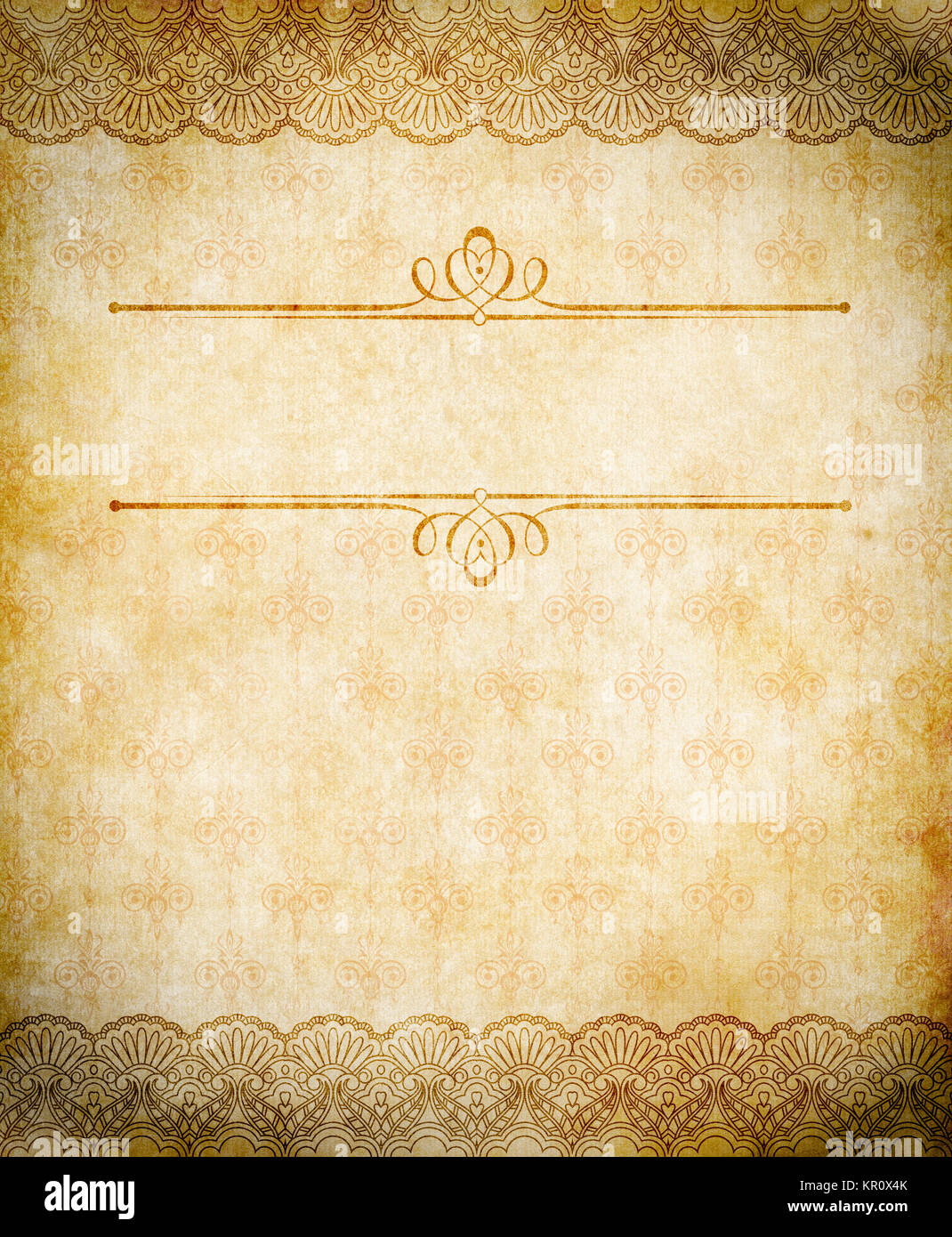 Grunge sfondo della carta con bordo di Lacy e motivi decorativi. Foto Stock