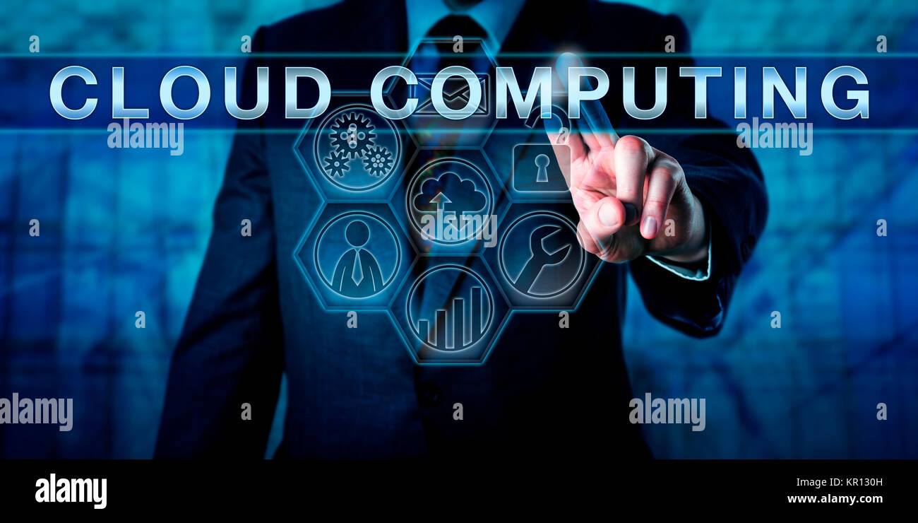 Business Manager spingendo IL CLOUD COMPUTING Foto Stock